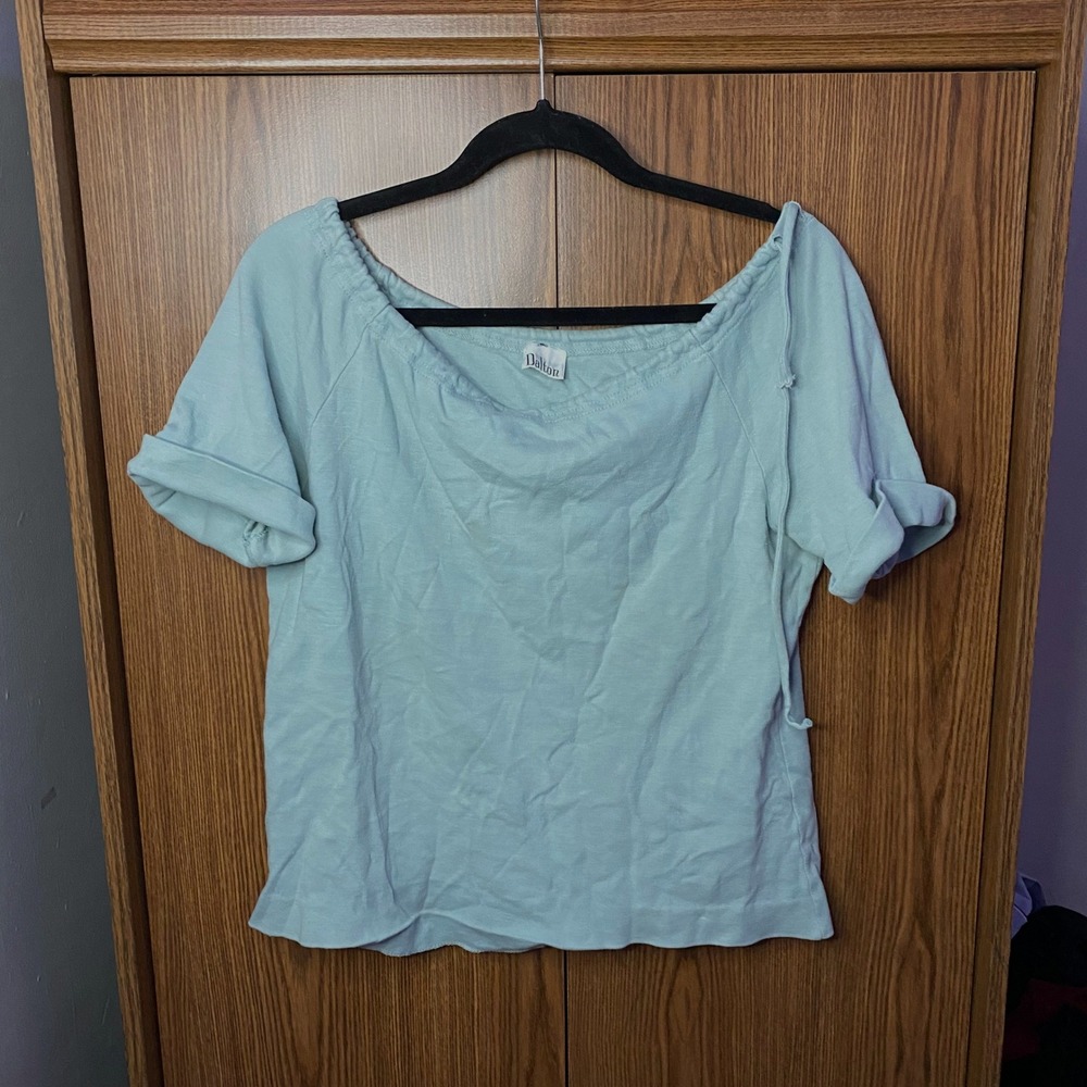 Dalton Knit Top Womens M Blue Off Shoulder Drawstring Short Sleeve‎ Vintage